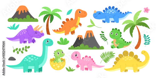 Obraz A set of dinosaur drawings, including a baby dinosaur, a baby T-Rex, and a baby Stegosaurus