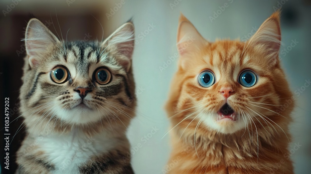 Two Astonished Cats, A Close-Up of Curious Expressions Two Astonished Cats, A Close-Up of Curious Expressions