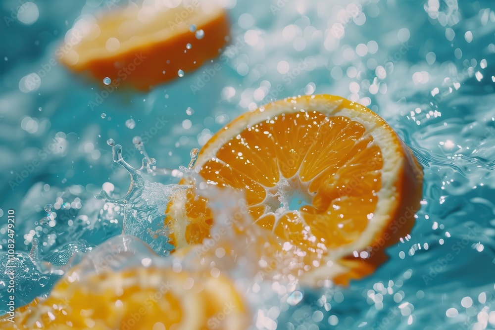 slide Orange Citrus Fruit splash. Fresh orange slices splash into clear blue water, creating a refreshing and vibrant scene filled with energy and zest. slide Orange Citrus Fruit splash. Fresh orange slices splash into clear blue water, creating a refreshing and vibrant scene filled with energy and zest.