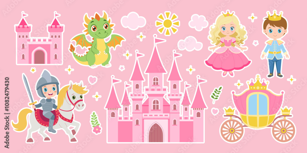 A group of cartoon characters are shown in front of a castle. One of the characters is a knight on horseback A group of cartoon characters are shown in front of a castle. One of the characters is a knight on horseback