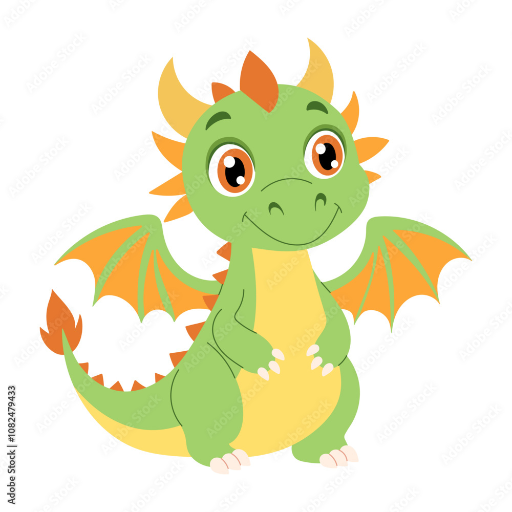 A green dragon with orange wings and a yellow belly. It has a smile on its face. The dragon is standing on its hind legs A green dragon with orange wings and a yellow belly. It has a smile on its face. The dragon is standing on its hind legs