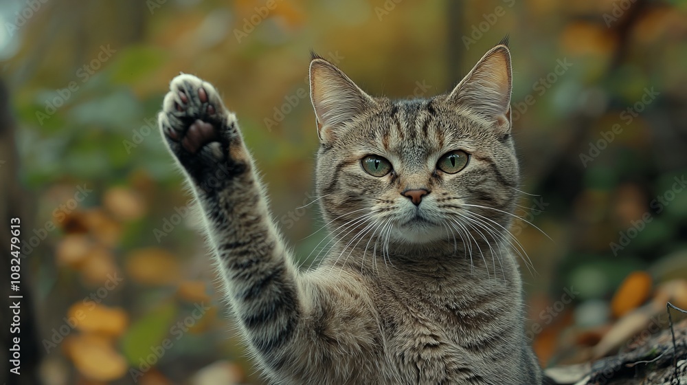 A Playful Tabby Cat's Paw in Autumn Forest - Adorable Pet Portrait A Playful Tabby Cat's Paw in Autumn Forest - Adorable Pet Portrait