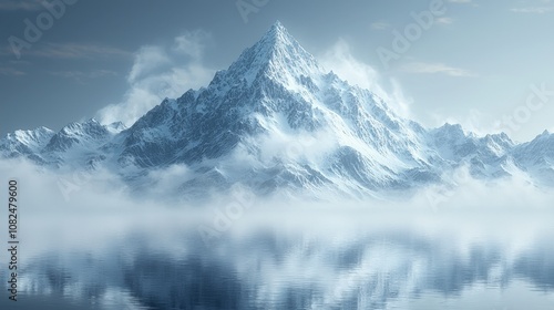 A stunning snow-covered mountain rises majestically above serene waters, reflecting clouds and peaks, creating a tranquil, picturesque scene.