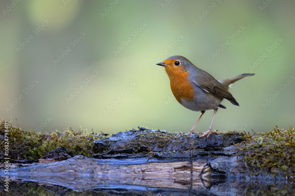 Bird Robin Erithacus rubecula, small bird in forest puddle, summer time in Poland Europe bird drinking water Bird Robin Erithacus rubecula, small bird in forest puddle, summer time in Poland Europe bird drinking water