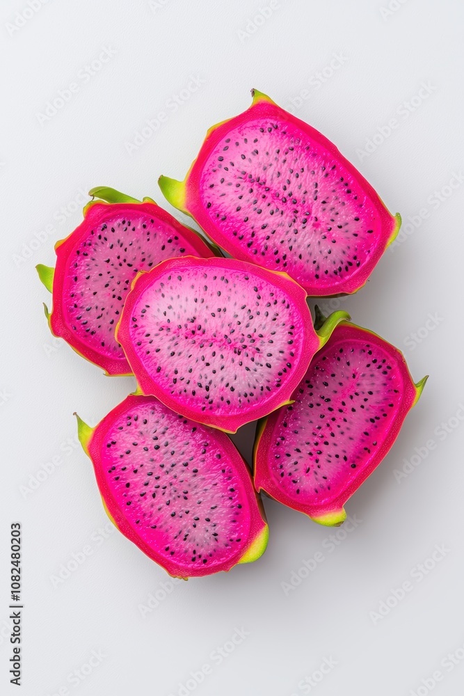 Fresh and Vibrant Dragon Fruit Slices Displayed on a Light Background, Showcasing Bright Pink Flesh with Black Seeds and Green Edges for Culinary Uses Fresh and Vibrant Dragon Fruit Slices Displayed on a Light Background, Showcasing Bright Pink Flesh with Black Seeds and Green Edges for Culinary Uses