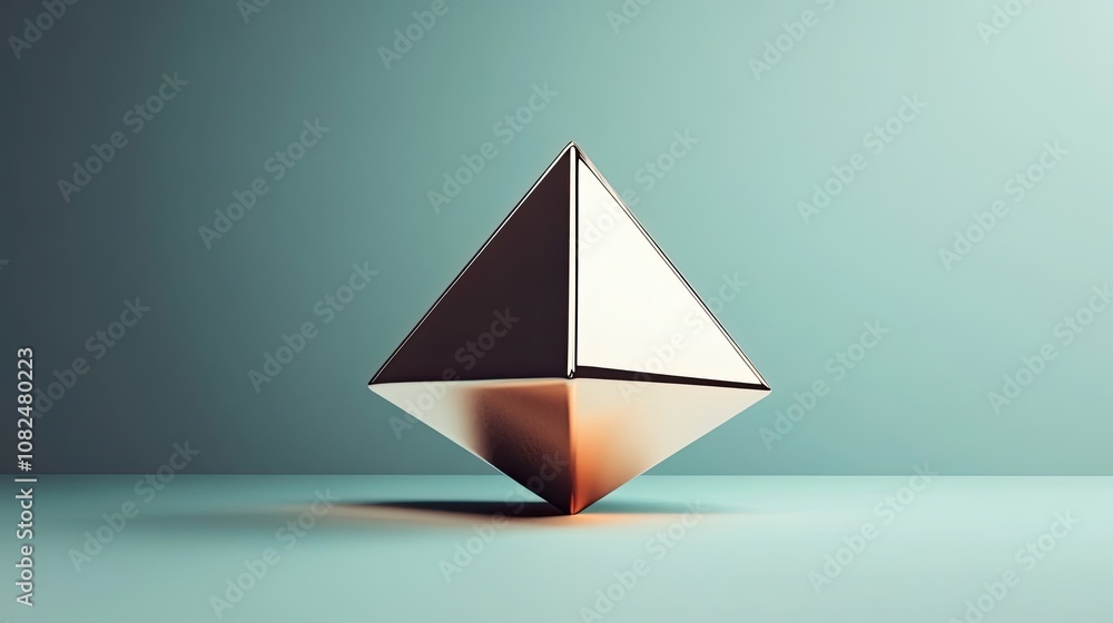 Fototapeta premium A Shiny Metallic Pyramid Resting on a Teal Surface