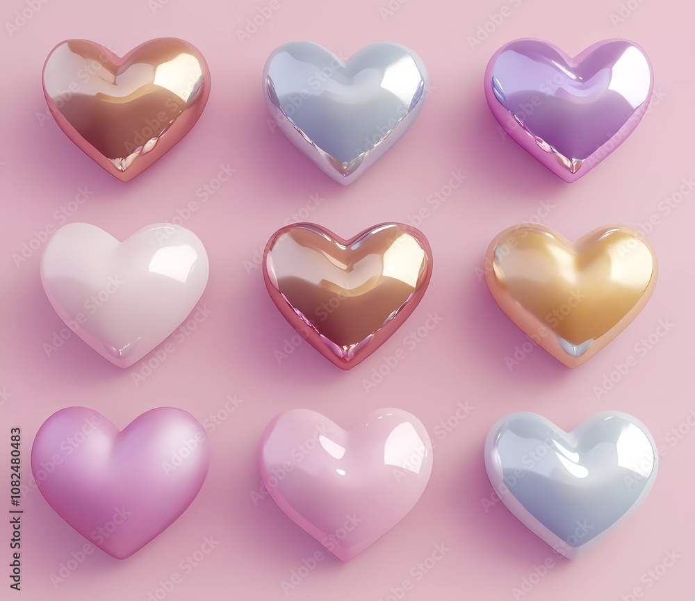 3D realistic Valentine's Day hearts isolated on a pink background, in different colors and sizes 3D realistic Valentine's Day hearts isolated on a pink background, in different colors and sizes
