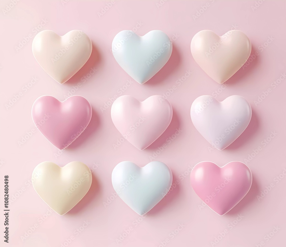3D realistic Valentine's Day hearts isolated on a pink background, in different colors and sizes 3D realistic Valentine's Day hearts isolated on a pink background, in different colors and sizes