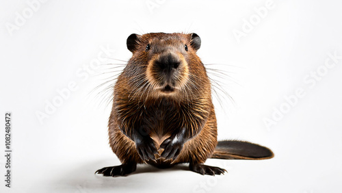 Standing vertical beaver on white background. photo