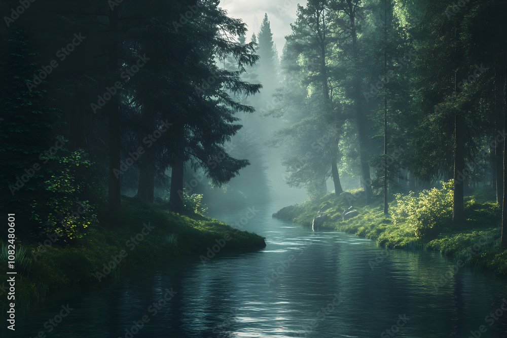 Golden rays break through mist, illuminating the calm water and lush greenery in the forest Golden rays break through mist, illuminating the calm water and lush greenery in the forest
