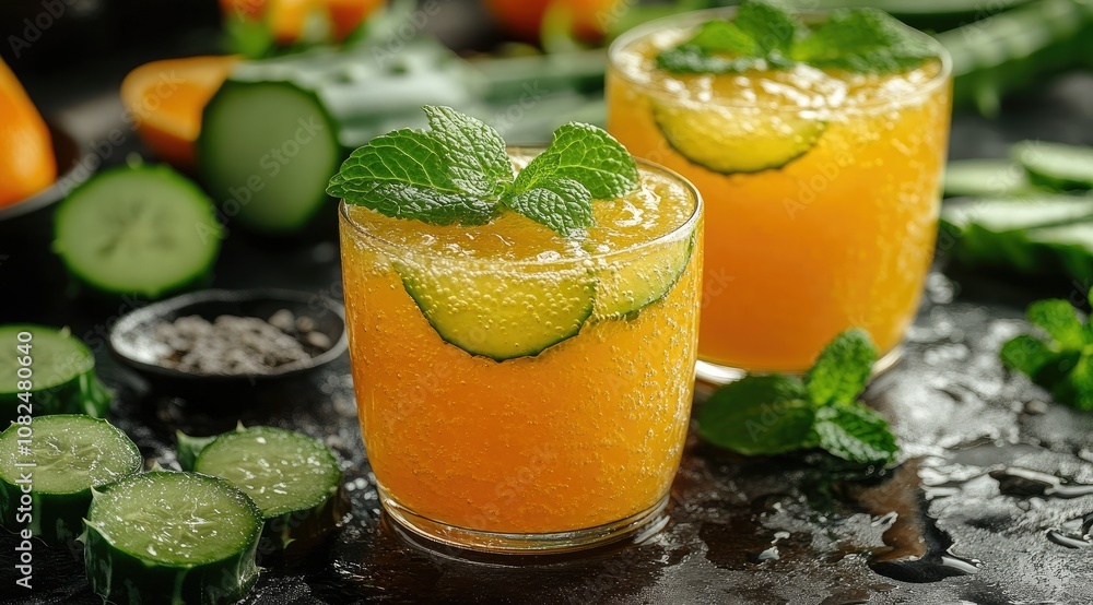 Two glasses of refreshing orange and cucumber beverage with mint garnish on a dark background. Two glasses of refreshing orange and cucumber beverage with mint garnish on a dark background.