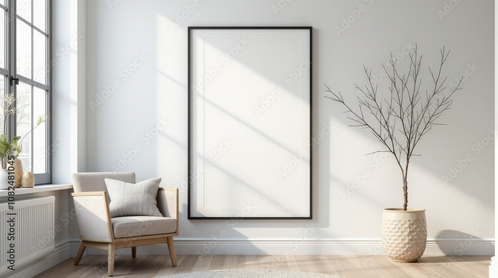 Fototapeta premium Modern Minimalist Living Room with Blank Art Mockup - Stylish Home Interior Decor Inspiration