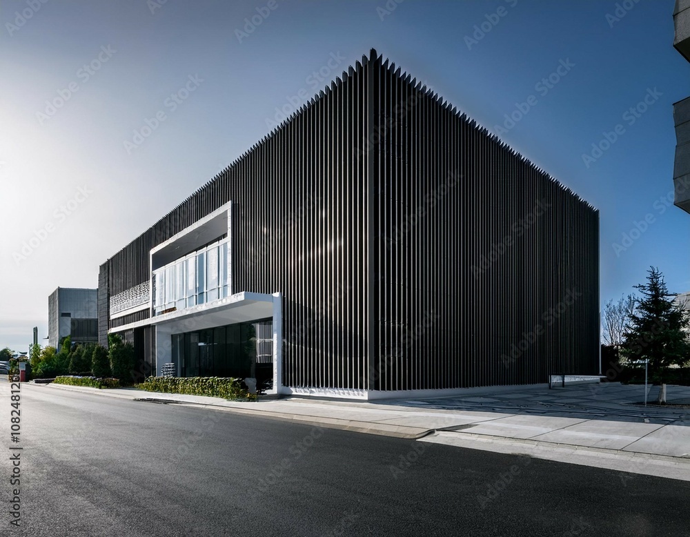 a sleek modern building facade featuring vertical black and white panels with a foreground view of an empty street representing urban architecture style a sleek modern building facade featuring vertical black and white panels with a foreground view of an empty street representing urban architecture style