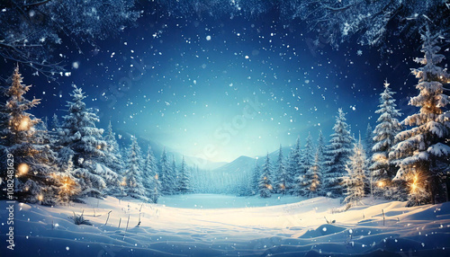 冬に山で雪が降り積もる風景　真ん中に文字スペース