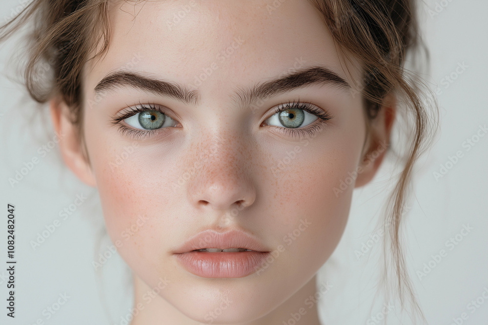 25 year old beautiful female model of European appearance with green eyes. close-up. Kind facial expression on a light background. Advertising banner 25 year old beautiful female model of European appearance with green eyes. close-up. Kind facial expression on a light background. Advertising banner