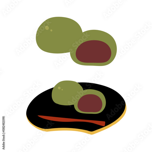 抹茶あんのまんじゅうの手描きカラーイラストセット