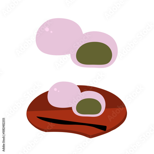 抹茶あんの桜まんじゅうの手描きカラーイラストセット