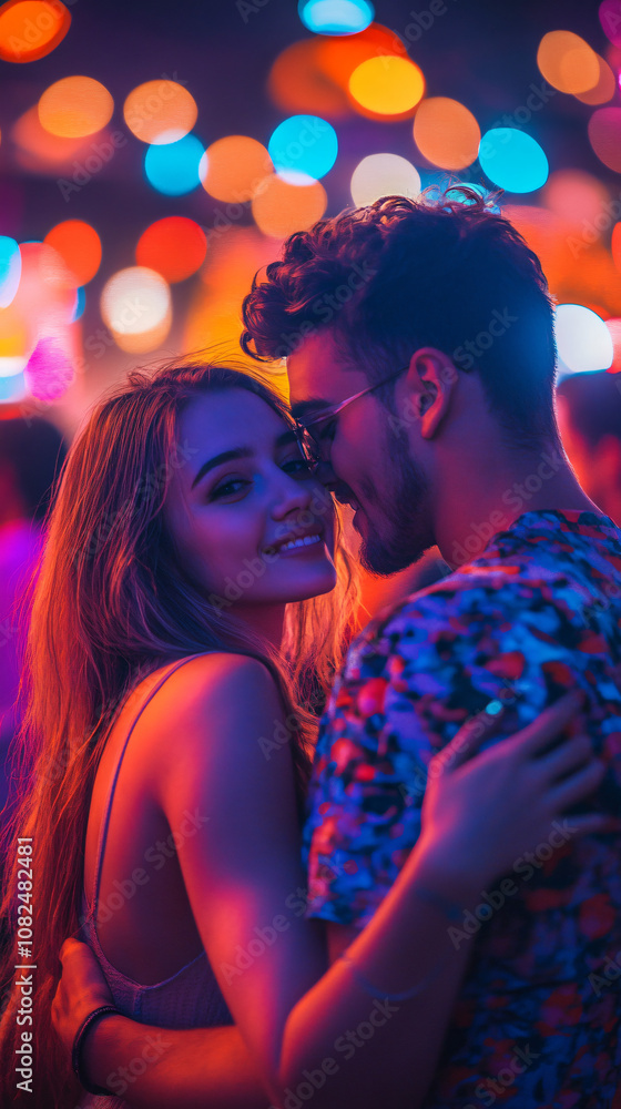Romantic couple embracing on dance floor, illuminated by vibrant bokeh lights, creating a magical atmosphere Romantic couple embracing on dance floor, illuminated by vibrant bokeh lights, creating a magical atmosphere