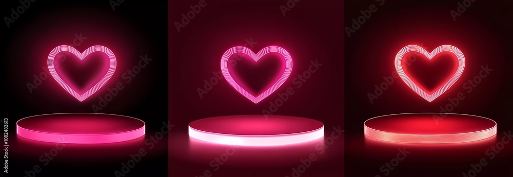 Set of minimal pink and red background with a podium scene for product display, a Valentine's Day theme in a heart-shaped neon light effect. Vector illustration Set of minimal pink and red background with a podium scene for product display, a Valentine's Day theme in a heart-shaped neon light effect. Vector illustration
