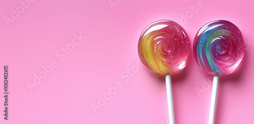 two pink Valentine's Day heart shaped lollipops against an empty pastel pink background. Love concept. Top view. Minimalist style photo