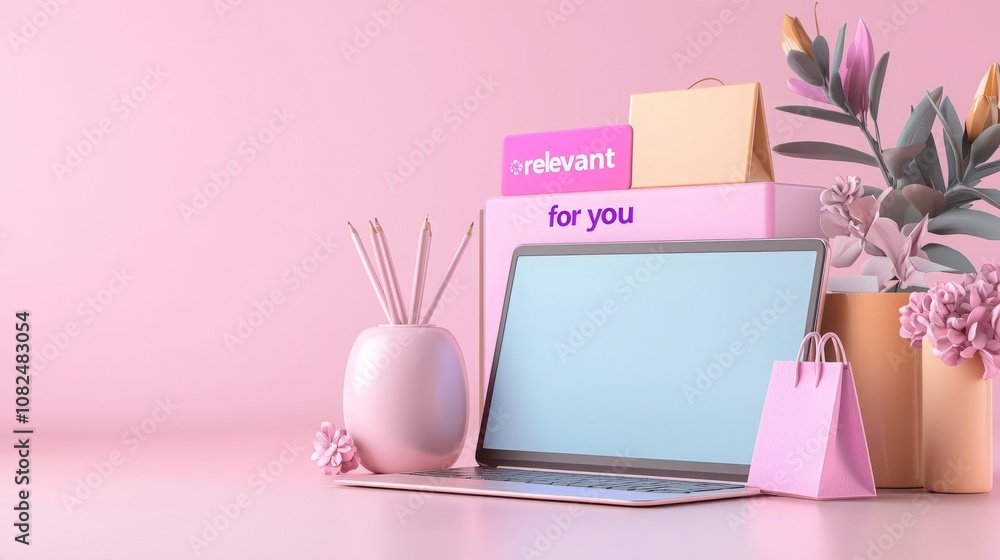 Keyword online relevance, A stylish workspace featuring a laptop, decorative plant, and pastel-colored accessories against a soft pink background. Keyword online relevance, A stylish workspace featuring a laptop, decorative plant, and pastel-colored accessories against a soft pink background.
