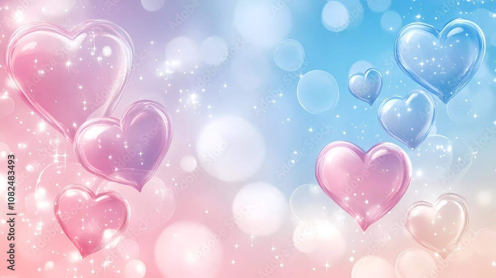 Valentine's Day background with a pink and blue gradient color, pastel sky, heart-shaped bubbles, stars, and space for text or message Valentine's Day background with a pink and blue gradient color, pastel sky, heart-shaped bubbles, stars, and space for text or message