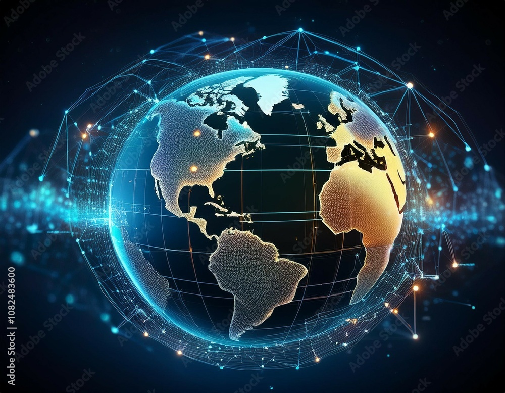 abstract representation of a digital network spread over a globe illustrating data connectivity and communication