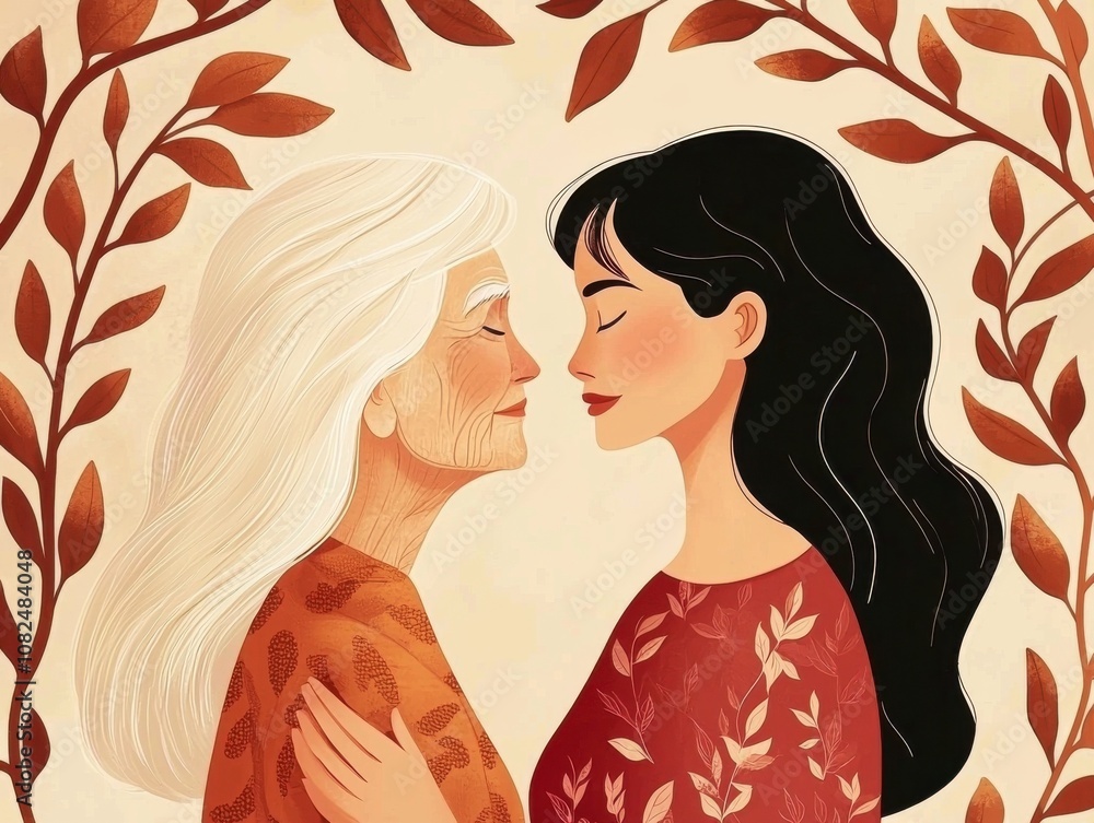 Empowering connection between generations women empowerment gender equality artistic illustration intimate portrait nature-inspired environment Empowering connection between generations women empowerment gender equality artistic illustration intimate portrait nature-inspired environment
