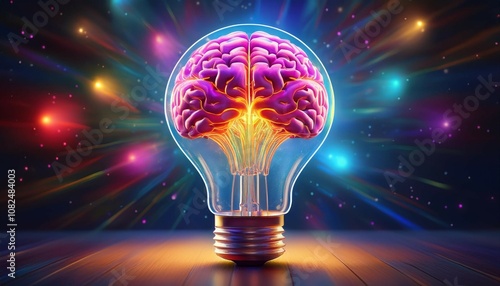 an imaginative light bulb with a brain inside symbolizing innovative thinking ideas and creativity the scene is vibrant with glowing lights and colors