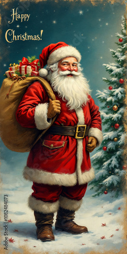 Vintage Painted Christmas Post Card with Happy Traditional Santa Claus Holding Bag of Gifts, XMAS Greeting

