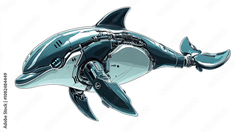 A Metallic, Robotic Dolphin with Exposed Mechanical Components A Metallic, Robotic Dolphin with Exposed Mechanical Components