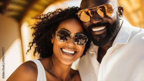 A beautiful elegant and rich black couple between 35 and 48 years old, wearing elegant dinner clothes taking a selfie on the city of Jamaica. Both are laughing photo