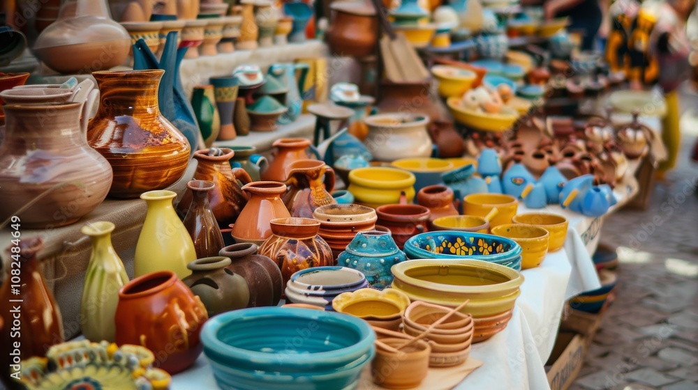 A vibrant pottery market stall with pottery tools and displayed ceramic artworks, Artisans showcasing their pottery creations, Artisan market style A vibrant pottery market stall with pottery tools and displayed ceramic artworks, Artisans showcasing their pottery creations, Artisan market style