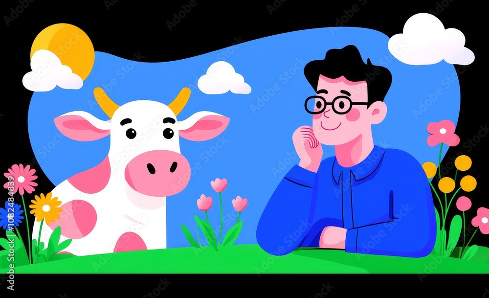 A cartoon illustration of a cute little confused child holding a cow head against a blue sky background. The child's facial expression shows thoughtfulness and emotion as he stands near the cow head. A cartoon illustration of a cute little confused child holding a cow head against a blue sky background. The child's facial expression shows thoughtfulness and emotion as he stands near the cow head.