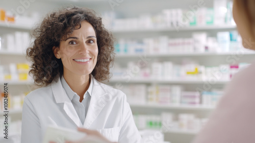 Smiling female latin american pharmacist standing in pharmacy with shelves of medicine in background