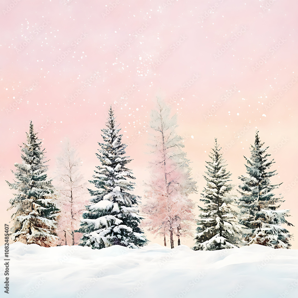 Fototapeta premium Serene Winter Landscape with Snow-Covered Trees Against a Pastel Pink Sky with Falling Snowflakes, Perfect for Seasonal and Holiday Themes