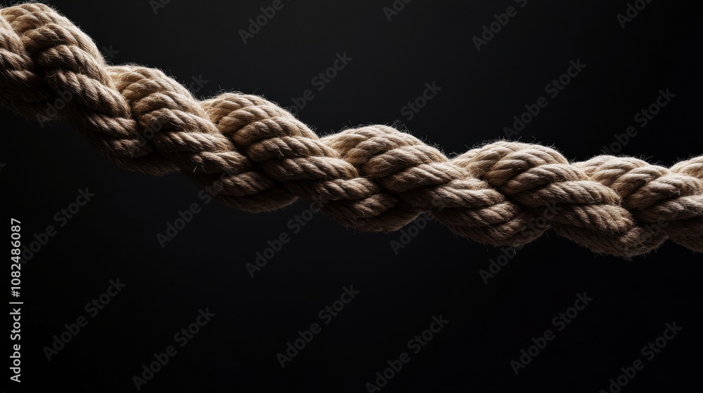 Thick, woven rope with a complex pattern, hanging against a dark background Thick, woven rope with a complex pattern, hanging against a dark background