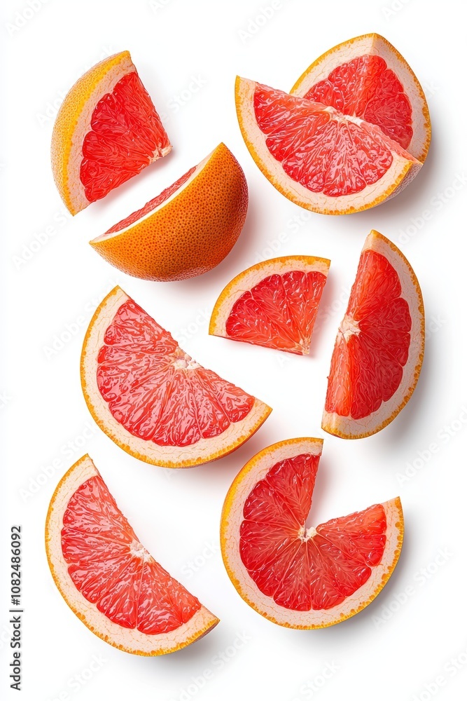 Freshly Cut Grapefruit Segments Displayed on a White Background for Healthy Diet, Wellness, and Cooking Inspiration in Bright and Vibrant Colors Freshly Cut Grapefruit Segments Displayed on a White Background for Healthy Diet, Wellness, and Cooking Inspiration in Bright and Vibrant Colors