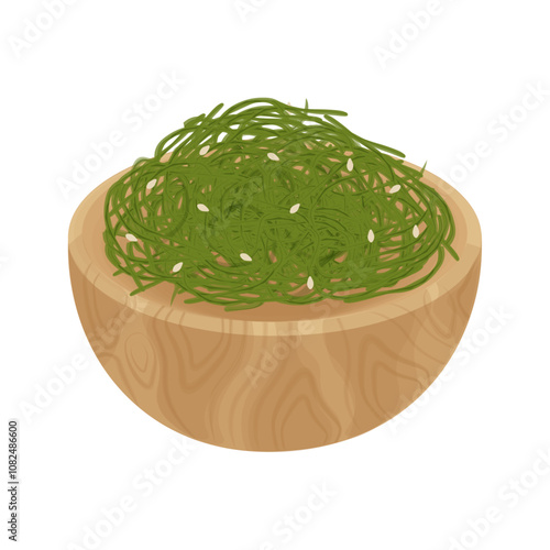 Vector Illustration Logo Clipart Japanese wakame salad or Chuka Seaweed on a wooden bowl