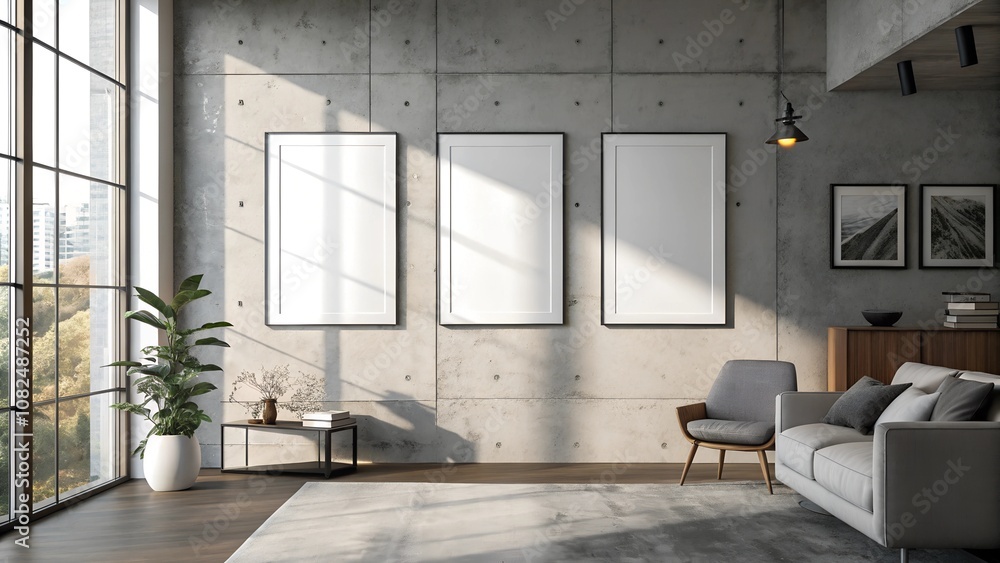 Modern Industrial Living Room with Mock-up Frames - Contemporary loft interior with minimalist furniture Modern Industrial Living Room with Mock-up Frames - Contemporary loft interior with minimalist furniture