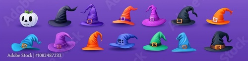 Cartoon modern colorful autumn and Halloween design elements of wizard pointed cone hat with fantasy fairytale flower and vegetable designs. photo