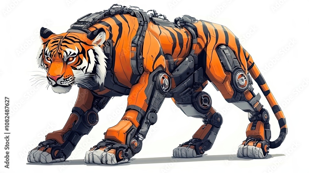 Fototapeta premium A Mechanical Tiger with Orange and Black Stripes