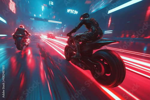 A futuristic motorcycle chase through a neon-lit city, with riders in cyberpunk gear and glowing trails behind them. photo