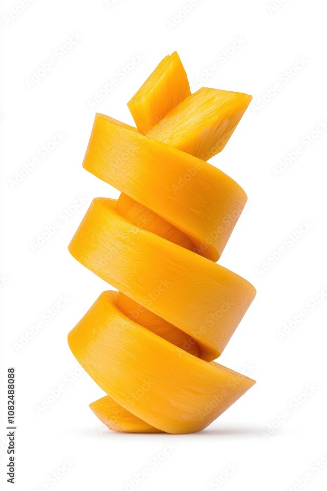 Spiral Ribbon of Vibrant Yellow Cheese Stacked with Precision and Artistic Flair on a White Background for Culinary and Food Photography Spiral Ribbon of Vibrant Yellow Cheese Stacked with Precision and Artistic Flair on a White Background for Culinary and Food Photography