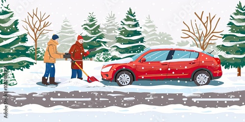 red car snow removal scene clip art preview