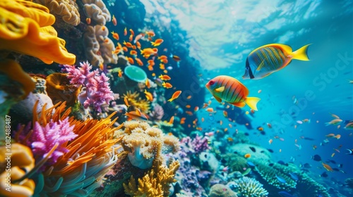 A vibrant scuba diving spot in crystal-clear waters, Colorful coral reefs teeming with marine life, Underwater exploration style