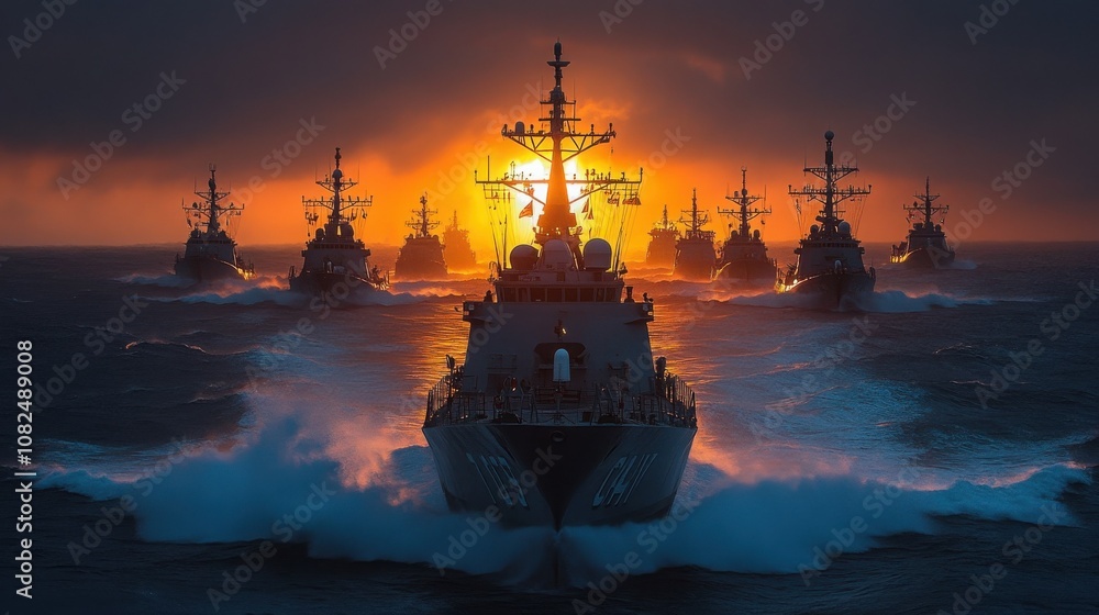 A line of warships sail through the ocean at sunset, creating a dramatic silhouette against the fiery sky. A line of warships sail through the ocean at sunset, creating a dramatic silhouette against the fiery sky.