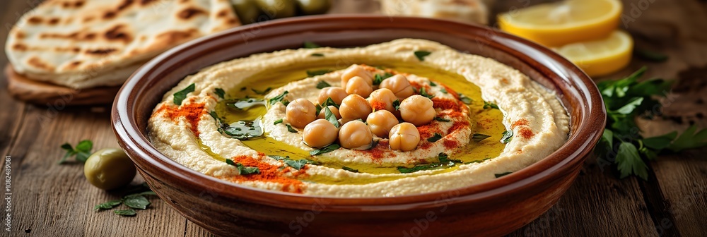 Classic Lebanese Hummus with Olive Oil Swirl in Rustic Middle Eastern Food Photography Setting Classic Lebanese Hummus with Olive Oil Swirl in Rustic Middle Eastern Food Photography Setting