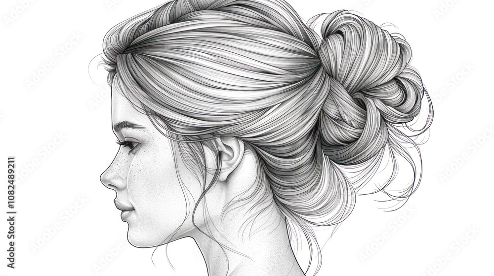A detailed pencil drawing of a woman's face in profile, with long hair pulled back in a messy bun. A detailed pencil drawing of a woman's face in profile, with long hair pulled back in a messy bun.
