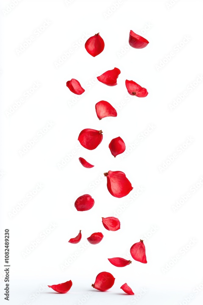 Falling Red Rose Petals on White Background, Captivating Petal Drop Creating a Romantic Atmosphere and Elegance in Floral Decor for Various Designs and Projects Falling Red Rose Petals on White Background, Captivating Petal Drop Creating a Romantic Atmosphere and Elegance in Floral Decor for Various Designs and Projects